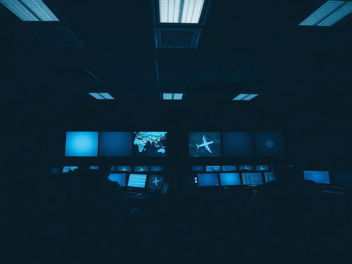 Centro de controle com operadores em consoles e telas de monitoramento